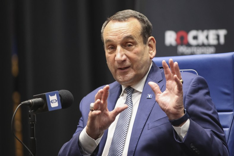 Jun 3, 2021; Durham, NC, USA; Duke Blue Devils basketball head coach Mike Krzyzewski answers a question at a press conference at Cameron Indoor Stadium announcing his plan to retire after the 2021-22 season. Mandatory Credit: Nell Redmond-USA TODAY Sports