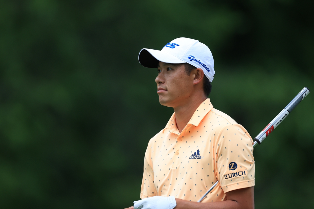 Jun 3, 2021; Dublin, Ohio, USA; Collin Morikawa on the 9th hole during the first round of the Memorial Tournament golf tourney. Mandatory Credit: Aaron Doster-USA TODAY Sports