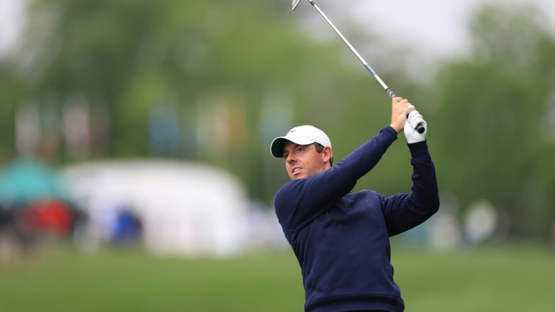 Jun 3, 2021; Dublin, Ohio, USA; Rory McIlroy on the 1st hole during the first round of the Memorial Tournament golf tourney. Mandatory Credit: Aaron Doster-USA TODAY Sports