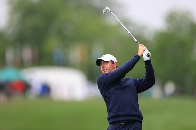 Jun 3, 2021; Dublin, Ohio, USA; Rory McIlroy on the 1st hole during the first round of the Memorial Tournament golf tourney. Mandatory Credit: Aaron Doster-USA TODAY Sports