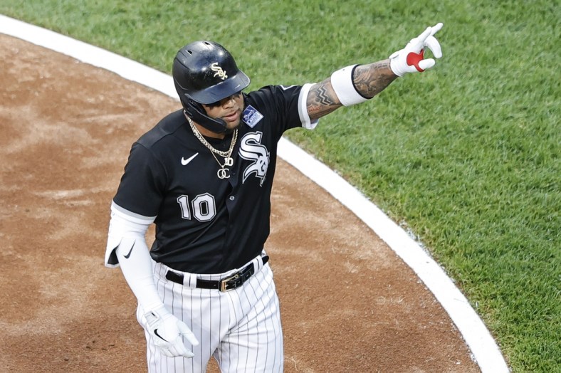 Jun 3, 2021; Chicago, Illinois, USA; Chicago White Sox third baseman Yoan Moncada (10) celebrates after hitting a solo home run against the Detroit Tigers during the first inning at Guaranteed Rate Field. Mandatory Credit: Kamil Krzaczynski-USA TODAY Sports