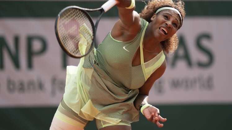 Jun 4, 2021; Paris, France; Serena Williams (USA) in action during her match against Danielle Collins (USA) on day six of the French Open at Stade Roland Garros. Mandatory Credit: Susan Mullane-USA TODAY Sports