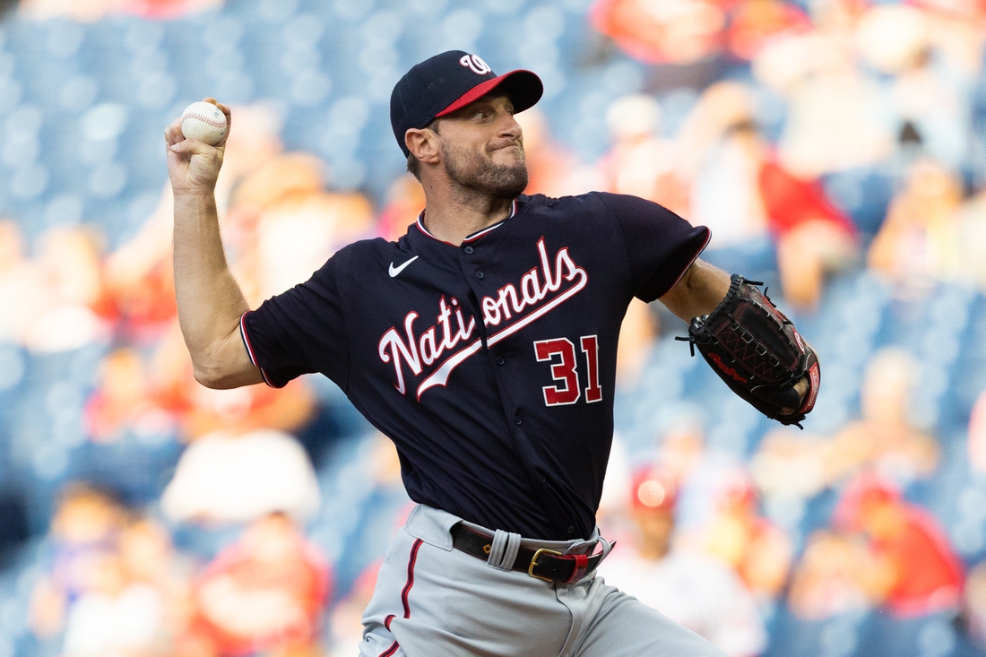 Jun 4, 2021; Philadelphia, Pennsylvania, USA; Washington Nationals starting pitcher Max Scherzer (31) pitches against the Philadelphia Phillies during the first inning at Citizens Bank Park. Mandatory Credit: Bill Streicher-USA TODAY Sports