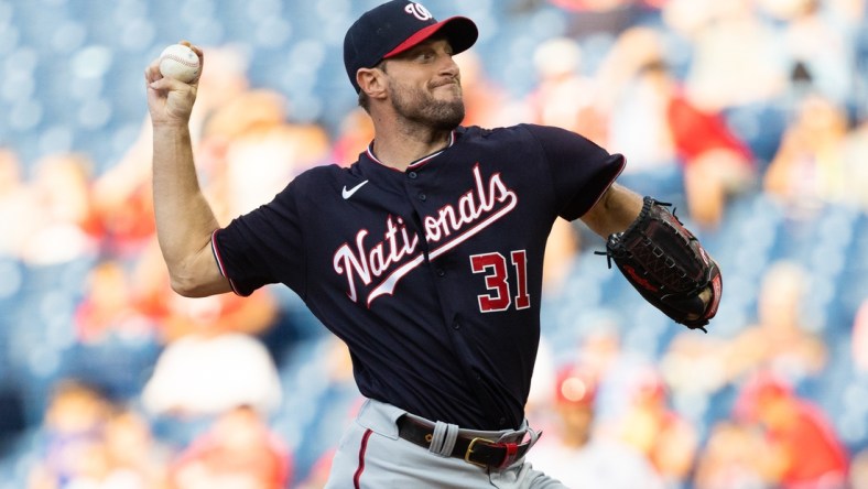 Jun 4, 2021; Philadelphia, Pennsylvania, USA; Washington Nationals starting pitcher Max Scherzer (31) pitches against the Philadelphia Phillies during the first inning at Citizens Bank Park. Mandatory Credit: Bill Streicher-USA TODAY Sports