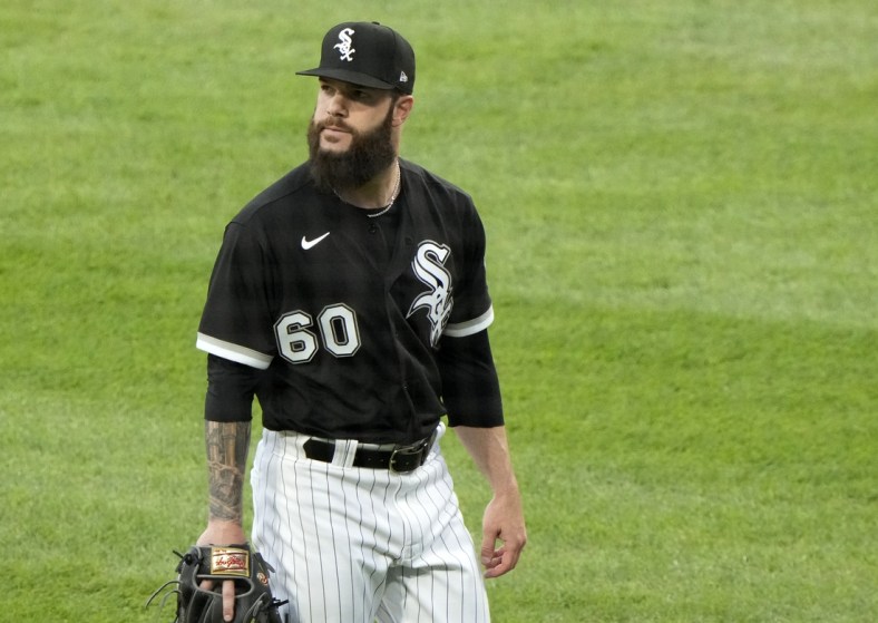 Jun 4, 2021; Chicago, Illinois, USA; Chicago White Sox starting pitcher Dallas Keuchel (60) reacts after the fourth inning against the Detroit Tigers at Guaranteed Rate Field. Mandatory Credit: Mike Dinovo-USA TODAY Sports