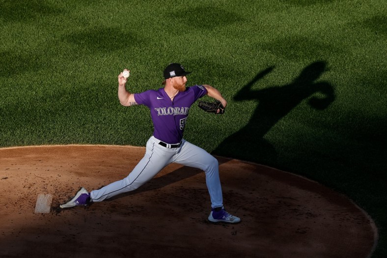Jun 4, 2021; Denver, Colorado, USA; Colorado Rockies starting pitcher Jon Gray (55) pitches in the first inning against the Oakland Athletics at Coors Field. Mandatory Credit: Isaiah J. Downing-USA TODAY Sports