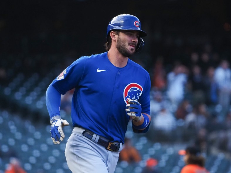 Jun 4, 2021; San Francisco, California, USA; Chicago Cubs right fielder Kris Bryant (17) rounds the bases on a two-run home run against the San Francisco Giants during the first inning at Oracle Park. Mandatory Credit: Kelley L Cox-USA TODAY Sports