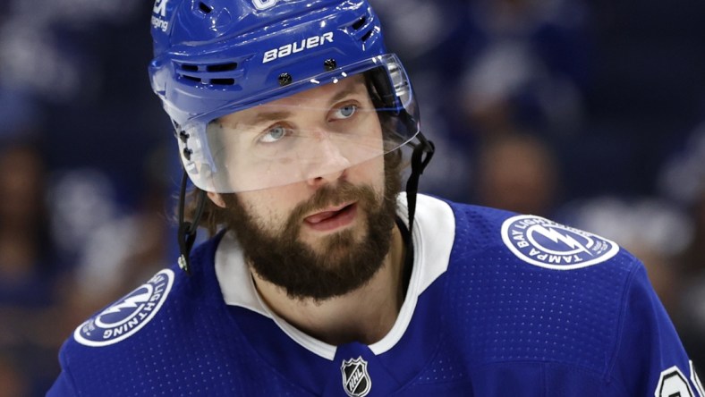 Jun 5, 2021; Tampa, Florida, USA; Tampa Bay Lightning right wing Nikita Kucherov (86) works out prior to the game in game four of the second round of the 2021 Stanley Cup Playoffs against the Carolina Hurricanes at Amalie Arena. Mandatory Credit: Kim Klement-USA TODAY Sports