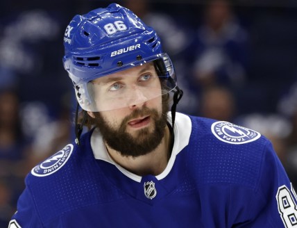 Jun 5, 2021; Tampa, Florida, USA; Tampa Bay Lightning right wing Nikita Kucherov (86) works out prior to the game in game four of the second round of the 2021 Stanley Cup Playoffs against the Carolina Hurricanes at Amalie Arena. Mandatory Credit: Kim Klement-USA TODAY Sports