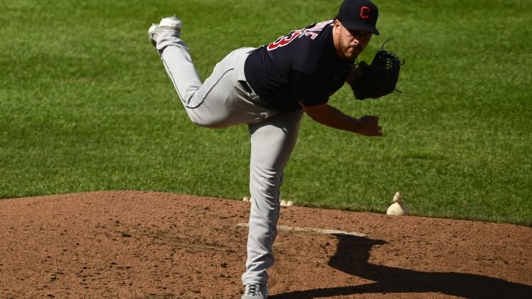 Jun 5, 2021; Baltimore, Maryland, USA;  Cleveland Indians starting pitcher Aaron Civale (43) delivers a first inning pitch against the Baltimore Orioles at Oriole Park at Camden Yards. Mandatory Credit: Tommy Gilligan-USA TODAY Sports