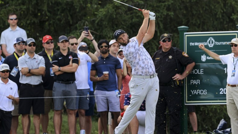 Jun 5, 2021; Dublin, Ohio, USA; Jon Rahm hits his tee shot on the 16th hole during the third round of the Memorial Tournament golf tourney. Mandatory Credit: Aaron Doster-USA TODAY Sports