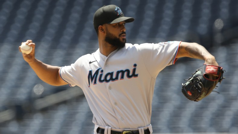 Jun 6, 2021; Pittsburgh, Pennsylvania, USA; Miami Marlins starting pitcher Sandy Alcantara (22) delivers a pitch against the Pittsburgh Pirates during the first inning at PNC Park. Mandatory Credit: Charles LeClaire-USA TODAY Sports