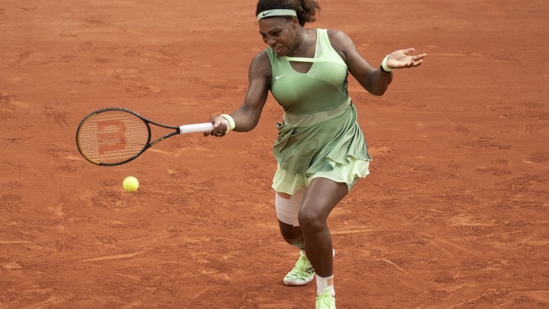 Jun 6, 2021; Paris, France; Serena Williams (USA) in action during her match against Elena Rybakina (KAZ) on day eight of the French Open at Stade Roland Garros. Mandatory Credit: Susan Mullane-USA TODAY Sports