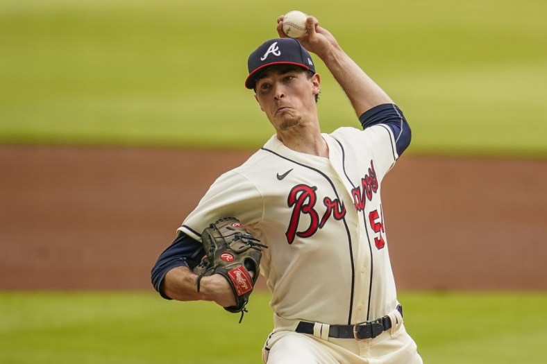 Jun 6, 2021; Cumberland, Georgia, USA; Atlanta Braves starting pitcher Max Fried (54) pitches against the Los Angeles Dodgers during the first inning at Truist Park. Mandatory Credit: Dale Zanine-USA TODAY Sports