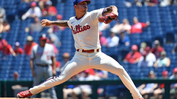 Jun 6, 2021; Philadelphia, Pennsylvania, USA; Philadelphia Phillies starting pitcher Vince Velasquez (21) throws a pitch during the first inning against the Washington Nationals at Citizens Bank Park. Mandatory Credit: Eric Hartline-USA TODAY Sports