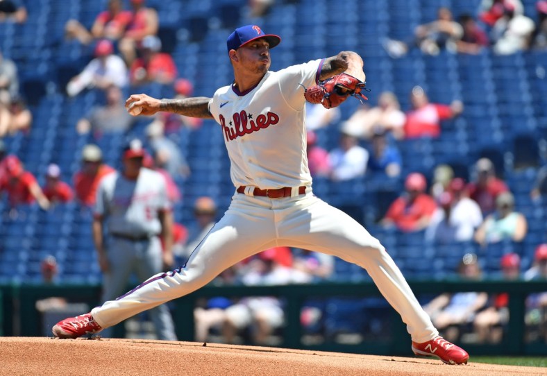 Jun 6, 2021; Philadelphia, Pennsylvania, USA; Philadelphia Phillies starting pitcher Vince Velasquez (21) throws a pitch during the first inning against the Washington Nationals at Citizens Bank Park. Mandatory Credit: Eric Hartline-USA TODAY Sports