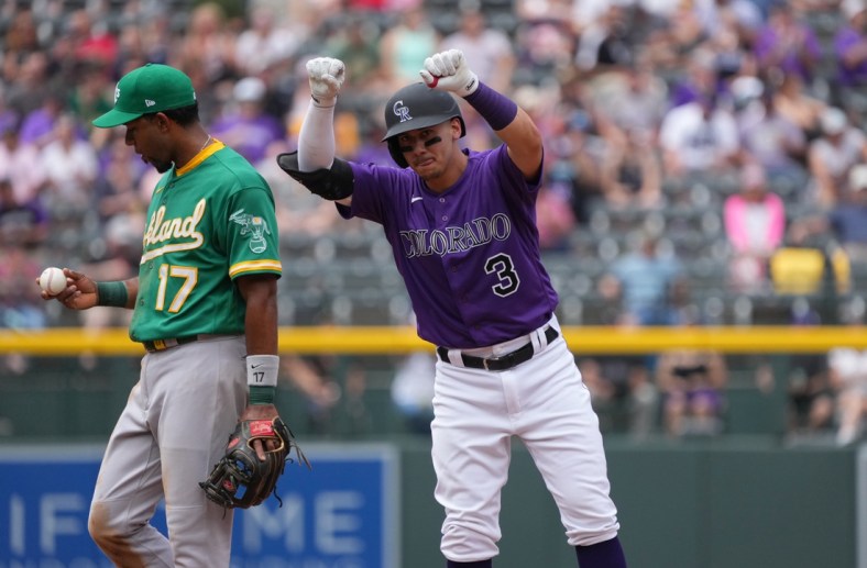 Jun 6, 2021; Denver, Colorado, USA;  Colorado Rockies catcher Dom Nunez (3) reacts to his double in the third inning against the Oakland Athletics at Coors Field. Mandatory Credit: Ron Chenoy-USA TODAY Sports