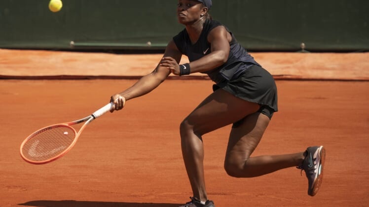 Jun 7, 2021; Paris, France; Sloane Stephens (USA) in action during her match against Barbora Krejcikova (CZE) on day nine of the French Open at Stade Roland Garros. Mandatory Credit: Susan Mullane-USA TODAY Sports