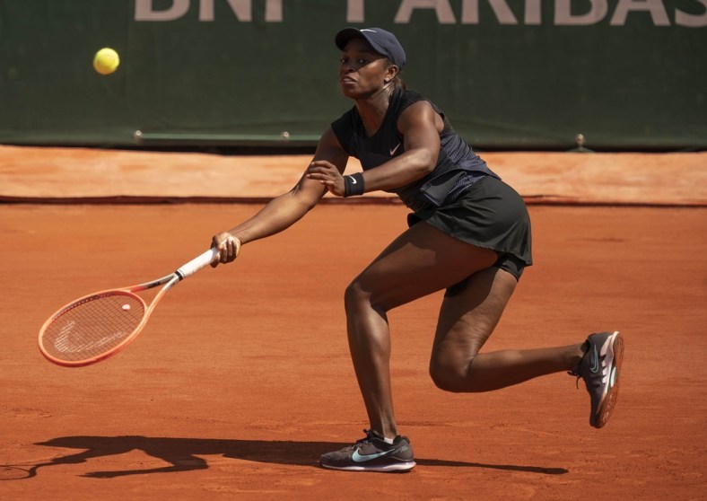 Jun 7, 2021; Paris, France; Sloane Stephens (USA) in action during her match against Barbora Krejcikova (CZE) on day nine of the French Open at Stade Roland Garros. Mandatory Credit: Susan Mullane-USA TODAY Sports