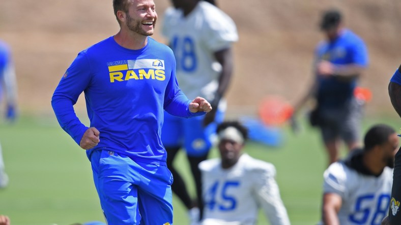 Jun 8, 2021; Thousand Oaks, CA, USA;  Los Angeles Rams head coach Sean McVay smiles during mini camp held at the practice facility at Cal State Lutheran. Mandatory Credit: Jayne Kamin-Oncea-USA TODAY Sports