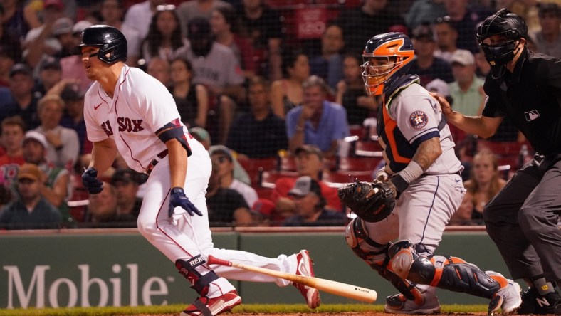 Jun 8, 2021; Boston, Massachusetts, USA; Boston Red Sox right fielder Hunter Renfroe (10) grounded out to third base to drives in a run against the Houston Astros in the fourth inning at Fenway Park. Mandatory Credit: David Butler II-USA TODAY Sports