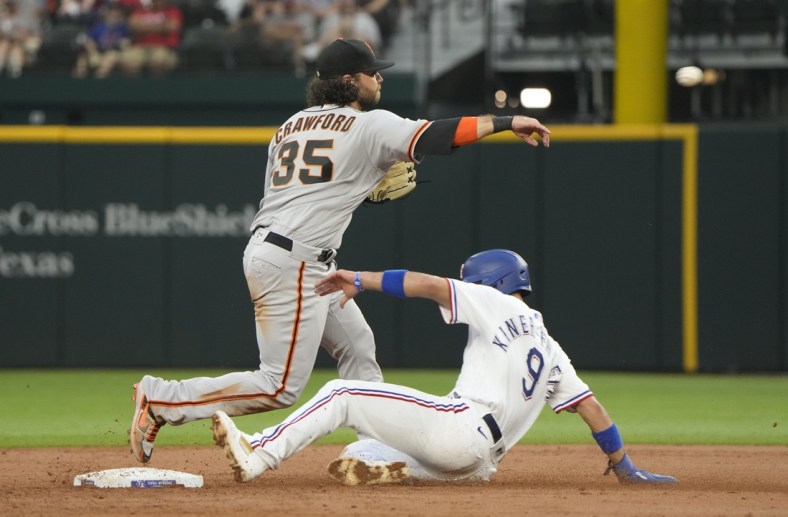 Jun 8, 2021; Arlington, Texas, USA; San Francisco Giants shortstop Brandon Crawford (35) throws to first base after forcing out Texas Rangers shortstop Isiah Kiner-Falefa (9) completing the double play during the third inning at Globe Life Field. Mandatory Credit: Jim Cowsert-USA TODAY Sports