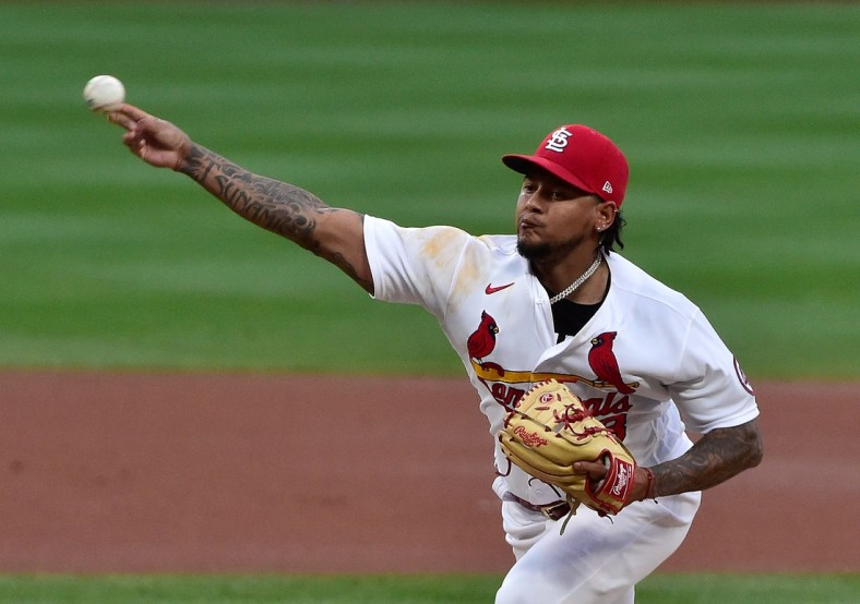 Jun 8, 2021; St. Louis, Missouri, USA;  St. Louis Cardinals starting pitcher Carlos Martinez (18) pitches during the first inning against the Cleveland Indians at Busch Stadium. Mandatory Credit: Jeff Curry-USA TODAY Sports
