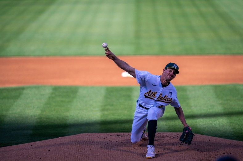 Jun 8, 2021; Oakland, California, USA;  Oakland Athletics starting pitcher Chris Bassitt (40) delivers a pitch during the first inning against the Arizona Diamondbacks at RingCentral Coliseum. Mandatory Credit: Neville E. Guard-USA TODAY Sports