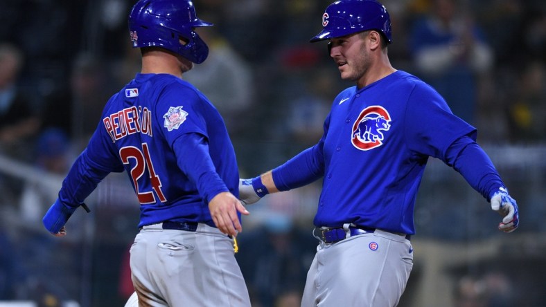 Jun 8, 2021; San Diego, California, USA; Chicago Cubs first baseman Anthony Rizzo (right) celebrates with left fielder Joc Pederson (24) after hitting a two-run home run against the San Diego Padres during the seventh inning at Petco Park. Mandatory Credit: Orlando Ramirez-USA TODAY Sports