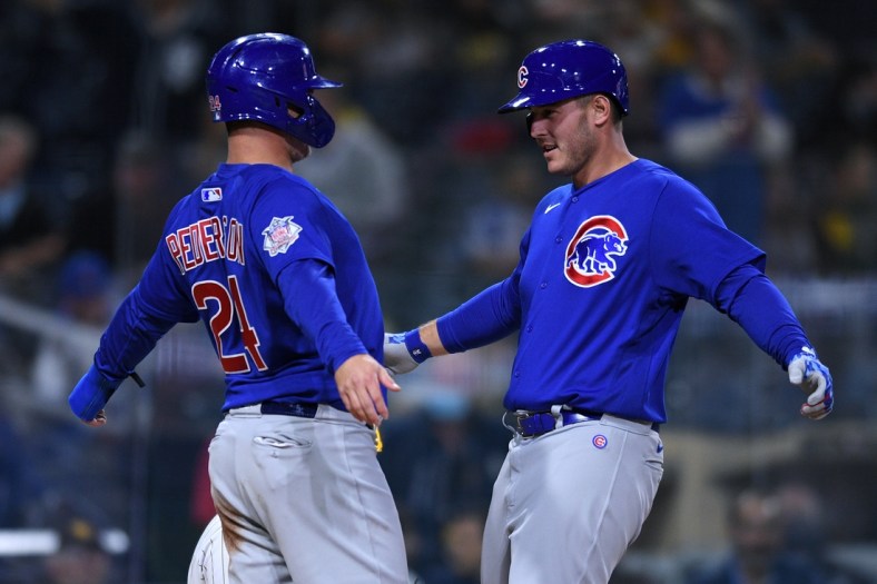 Jun 8, 2021; San Diego, California, USA; Chicago Cubs first baseman Anthony Rizzo (right) celebrates with left fielder Joc Pederson (24) after hitting a two-run home run against the San Diego Padres during the seventh inning at Petco Park. Mandatory Credit: Orlando Ramirez-USA TODAY Sports