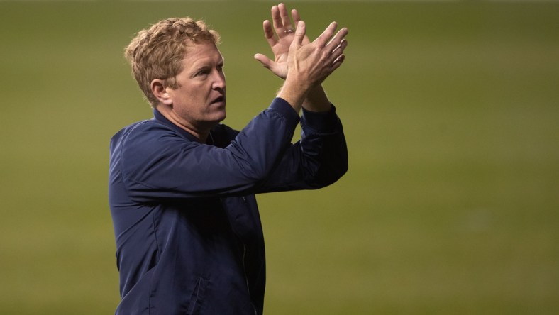 May 30, 2021; Chester, Pennsylvania, USA; Philadelphia Union manager Jim Curtin salutes the crowd against the Portland Timbers at Subaru Park. Mandatory Credit: Mitchell Leff-USA TODAY Sports