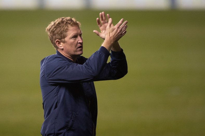 May 30, 2021; Chester, Pennsylvania, USA; Philadelphia Union manager Jim Curtin salutes the crowd against the Portland Timbers at Subaru Park. Mandatory Credit: Mitchell Leff-USA TODAY Sports