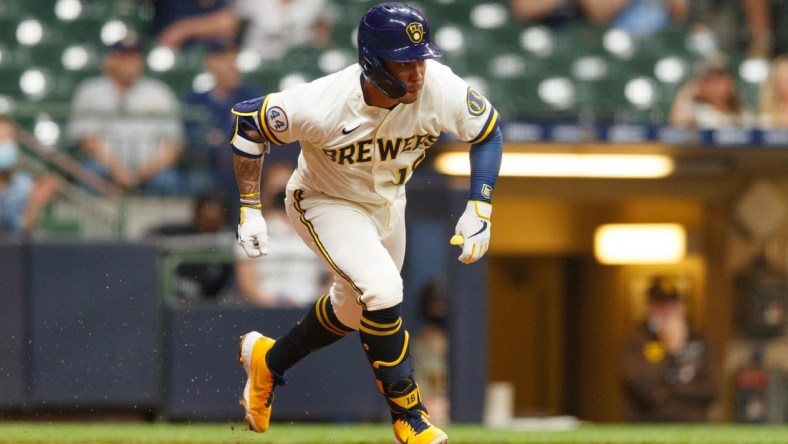 May 24, 2021; Milwaukee, Wisconsin, USA;  Milwaukee Brewers second baseman Kolten Wong (16) during the game against the San Diego Padres at American Family Field. Mandatory Credit: Jeff Hanisch-USA TODAY Sports