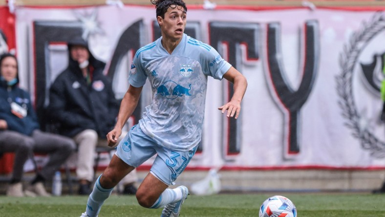 May 29, 2021; Harrison, New Jersey, USA; New York Red Bulls midfielder Caden Clark (37) in action against the Orlando City SC during the second half at Red Bull Arena. Mandatory Credit: Vincent Carchietta-USA TODAY Sports