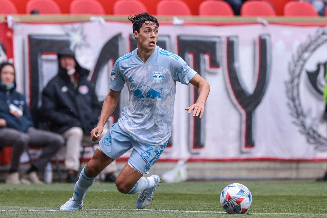 May 29, 2021; Harrison, New Jersey, USA; New York Red Bulls midfielder Caden Clark (37) in action against the Orlando City SC during the second half at Red Bull Arena. Mandatory Credit: Vincent Carchietta-USA TODAY Sports