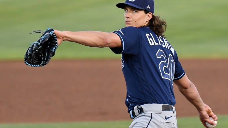 May 21, 2021; Dunedin, Florida, CAN; Tampa Bay Rays pitcher Tyler Glasnow (20) throws a pitch in the first inning against the Toronto Blue Jays at TD Ballpark. Mandatory Credit: Jonathan Dyer-USA TODAY Sports