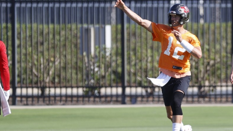 Jun 9, 2021; Tampa, FL, USA;  Tampa Bay Buccaneers quarterback Tom Brady (12) at AdventHealth Training Center. Mandatory Credit: Kim Klement-USA TODAY Sports