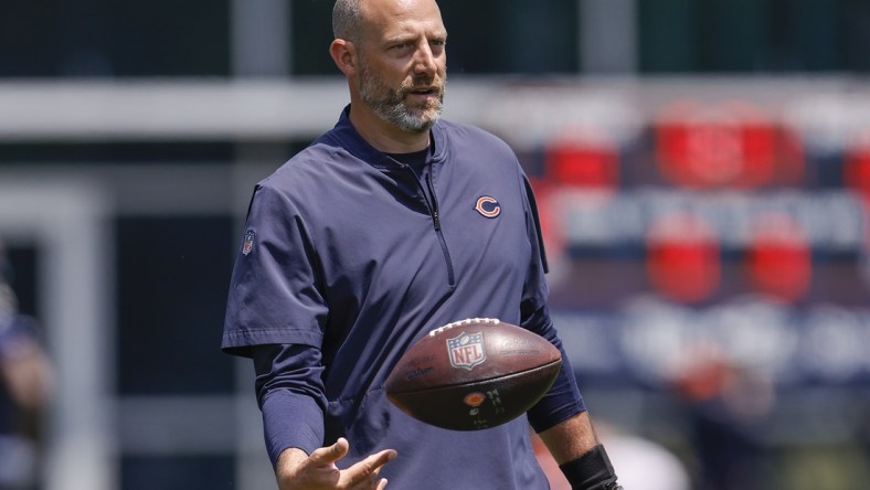 Jun 9, 2021; Lake Forest, Illinois, USA; Chicago Bears head coach Matt Nagy walks on the field during organized team activities at Halas Hall. Mandatory Credit: Kamil Krzaczynski-USA TODAY Sports