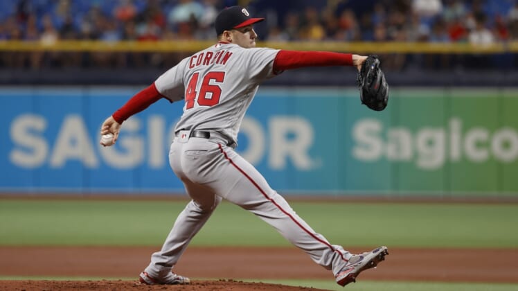 Jun 9, 2021; St. Petersburg, Florida, USA;Washington Nationals starting pitcher Patrick Corbin (46) throws a pitch against the Tampa Bay Rays  during the first inning at Tropicana Field. Mandatory Credit: Kim Klement-USA TODAY Sports