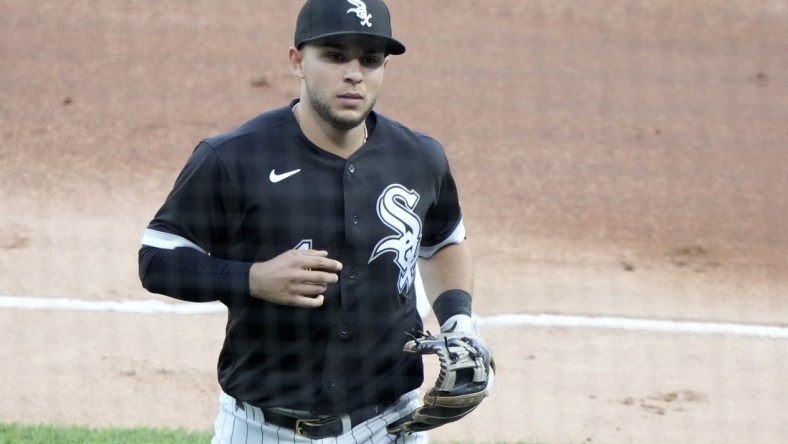 Jun 9, 2021; Chicago, Illinois, USA; Chicago White Sox second baseman Nick Madrigal (1) during the first inning against the Toronto Blue Jays at Guaranteed Rate Field. Mandatory Credit: Mike Dinovo-USA TODAY Sports