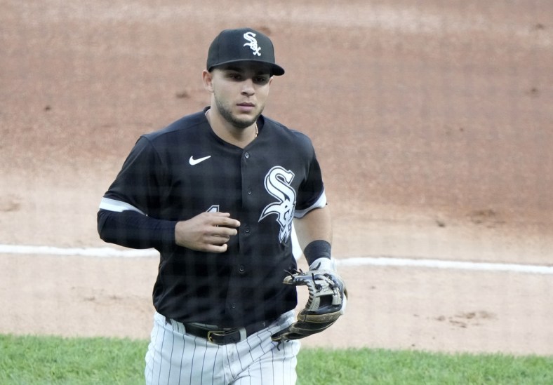 Jun 9, 2021; Chicago, Illinois, USA; Chicago White Sox second baseman Nick Madrigal (1) during the first inning against the Toronto Blue Jays at Guaranteed Rate Field. Mandatory Credit: Mike Dinovo-USA TODAY Sports