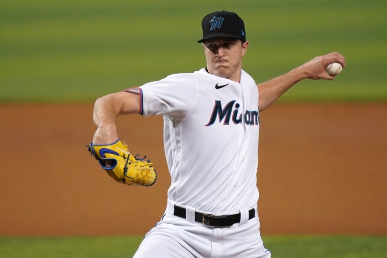 Jun 10, 2021; Miami, Florida, USA; Miami Marlins starting pitcher Trevor Rogers (28) delivers a pitch in the 1st inning against the Colorado Rockies at loanDepot park. Mandatory Credit: Jasen Vinlove-USA TODAY Sports