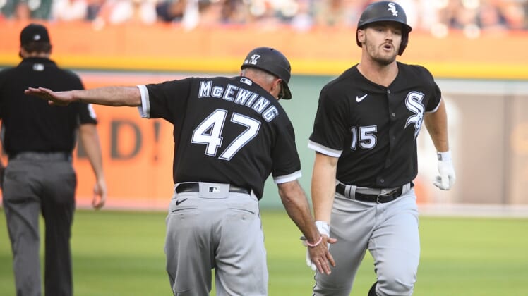 Jun 11, 2021; Detroit, Michigan, USA; Chicago White Sox center fielder Adam Engel (15) celebrates his home run with third base coach Joe McEwing (47) during the second inning against the Detroit Tigers at Comerica Park. Mandatory Credit: Tim Fuller-USA TODAY Sports