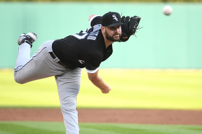 Jun 11, 2021; Detroit, Michigan, USA; Chicago White Sox starting pitcher Lucas Giolito (27) throws a pitch during the first inning against the Detroit Tigers at Comerica Park. Mandatory Credit: Tim Fuller-USA TODAY Sports