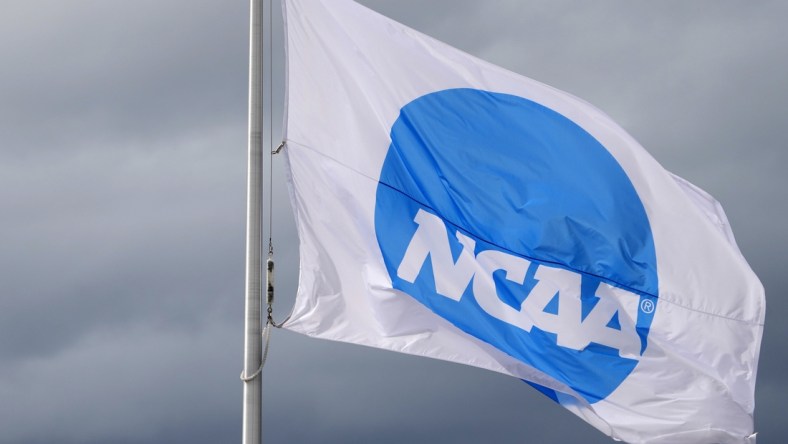 Jun 11, 2021; Eugene, Oregon, USA; An NCAA logo flag at the NCAA Track and Field Championships at Hayward Field. Mandatory Credit: Kirby Lee-USA TODAY Sports