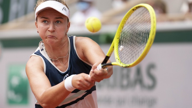 Jun 12, 2021; Paris, France; Barbora Krejcikova (CZE) in action during the women's final match against Anastasia Pavlyuchenkova (RUS) on day 14 of the French Open at Stade Roland Garros. Mandatory Credit: Susan Mullane-USA TODAY Sports