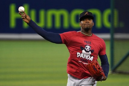Jun 12, 2021; Miami, Florida, USA; Atlanta Braves right fielder Ronald Acuna Jr. (13) warms up prior to the game against the Miami Marlins at loanDepot park. Mandatory Credit: Jasen Vinlove-USA TODAY Sports