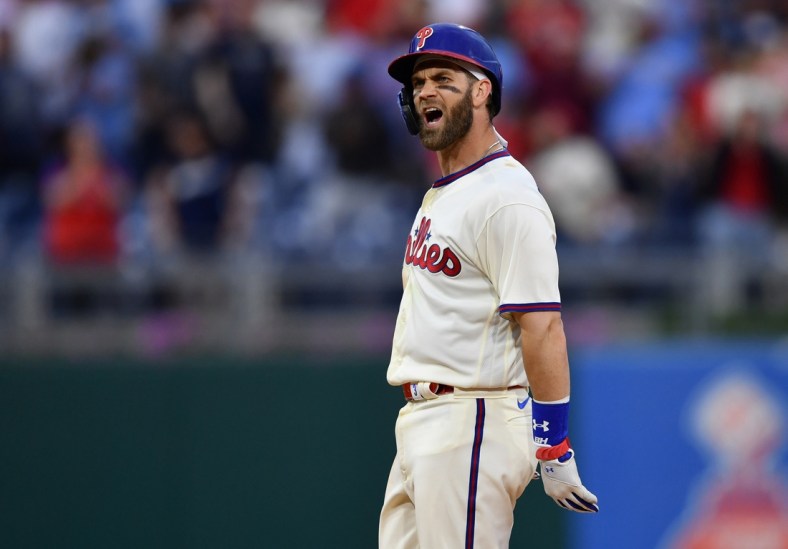 Jun 12, 2021; Philadelphia, Pennsylvania, USA; Philadelphia Phillies right fielder Bryce Harper (3) reacts after hitting a double during the ninth inning against the New York Yankees at Citizens Bank Park. Mandatory Credit: Kyle Ross-USA TODAY Sports