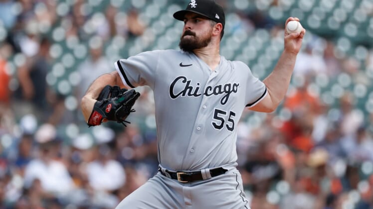 Jun 13, 2021; Detroit, Michigan, USA; Chicago White Sox starting pitcher Carlos Rodon (55) pitches in the third inning against the Detroit Tigers at Comerica Park. Mandatory Credit: Rick Osentoski-USA TODAY Sports