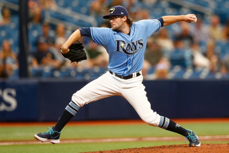 Jun 13, 2021; St. Petersburg, Florida, USA; Tampa Bay Rays relief pitcher Josh Fleming (19) throws a pitch in the third inning against the Baltimore Orioles at Tropicana Field. Mandatory Credit: Nathan Ray Seebeck-USA TODAY Sports